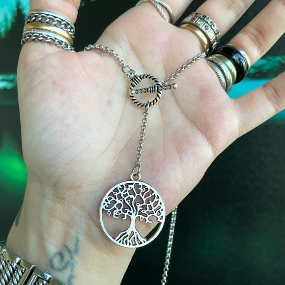 Y shape lariat necklace twisted cable round toggle clasp & tree if life charm - Picture 5 of 10